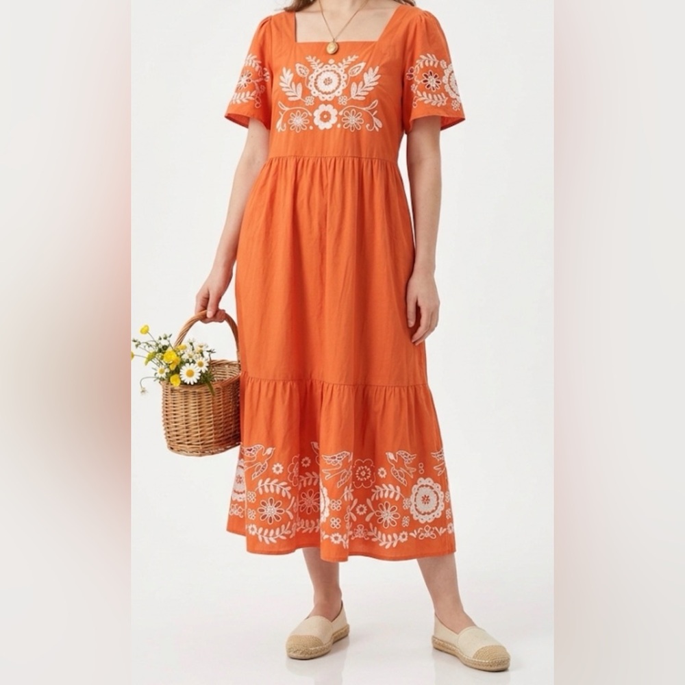 Joanie Orange Cotton Embroidered Midi Dress Square Neck Smocked Back 24S2JLDD011